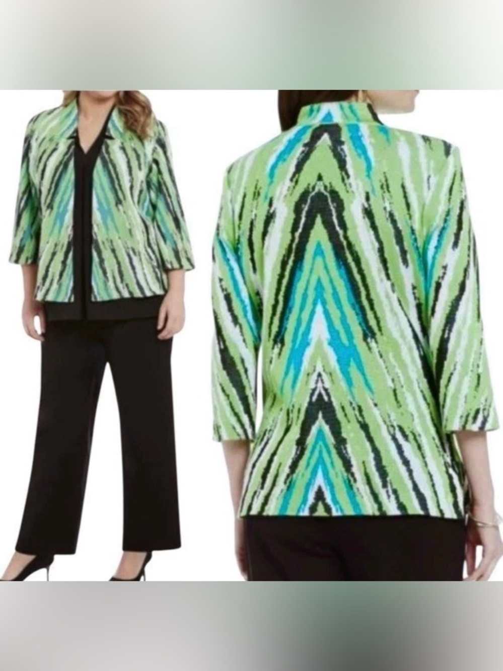 Ming Wang Women’s Cardigan Jacket Sz L Green Black Abstract Knit 3/4 Slv Preppy